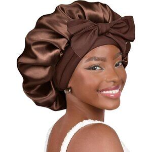 🆕 Women Silk Bonnet Brown Satin Double Layer Lined Hair Tie Band Curly Natural